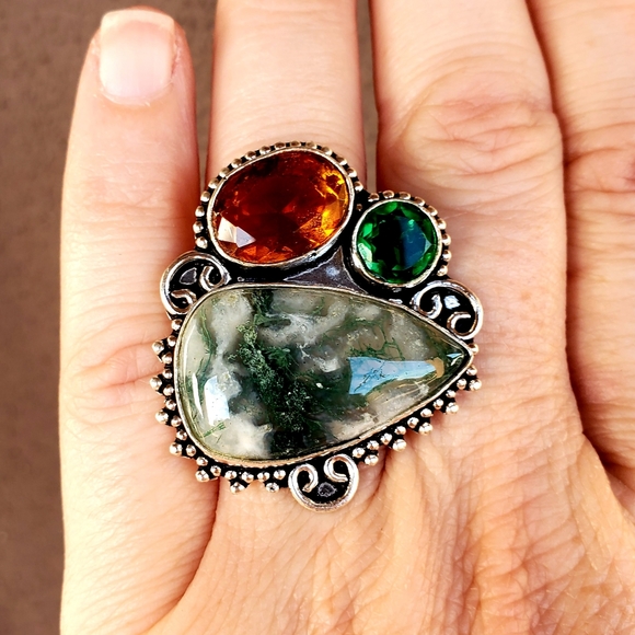 New Huge Moss Agate and Citrine 925 Silver Ring. - Picture 10 of 16